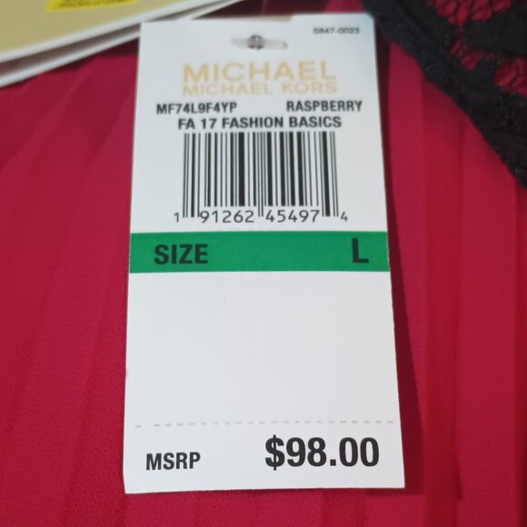 Michael Kors Pleated Back Blouse L Magenta with Black Lace Yoke Short Sleeve Top - Picture 8 of 12